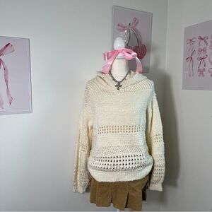 Anthropologie Pointelle Knit Crochet Open Knit Cream Hoodie Pullover Sweater‎ S